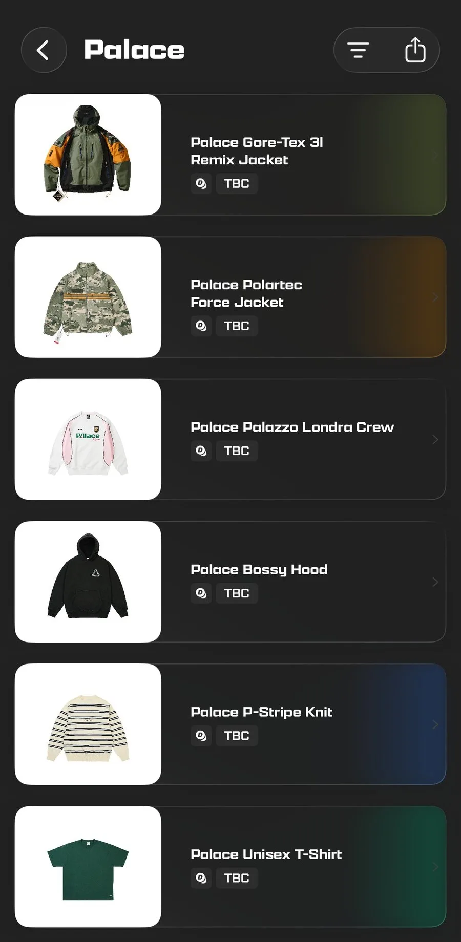 The Palace droplist in the Droplist app