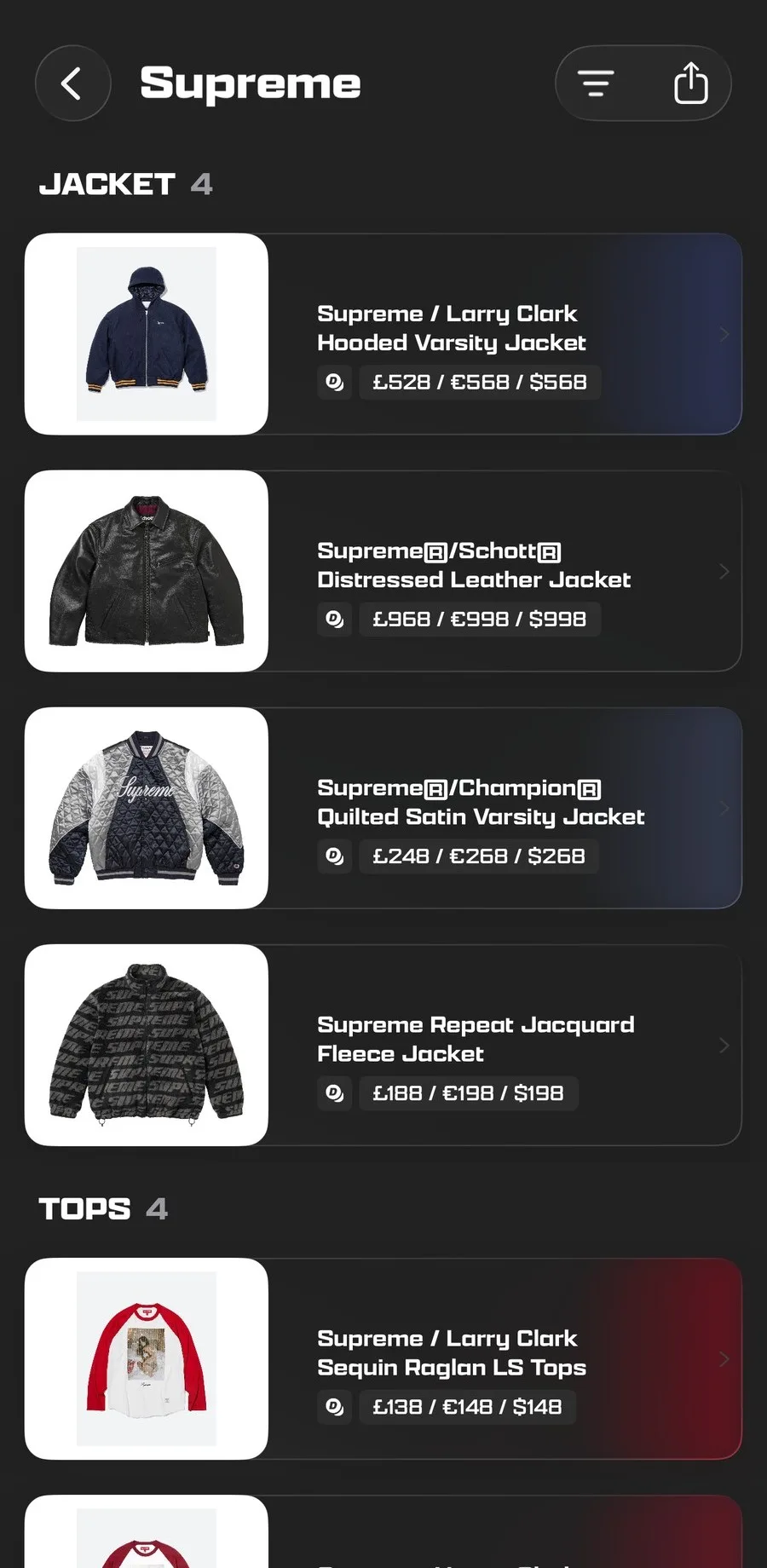 Supreme and Palace, every week in the Droplist app
