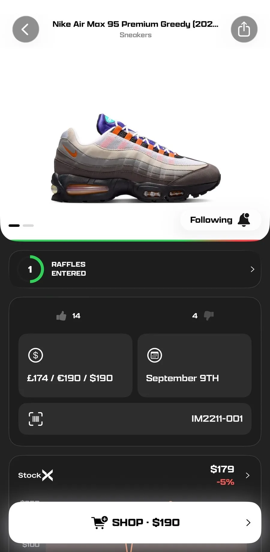 Droplist app sneaker product page with price, release date and resale